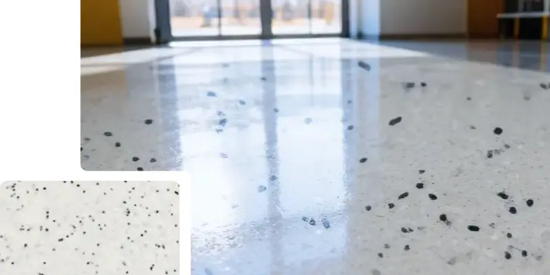DIMERY polymer terrazzo floor coating with a marble-effect mineral texture