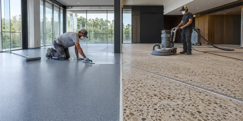 Polymer terrazzo floor coating compared with traditional cement terrazzo installation