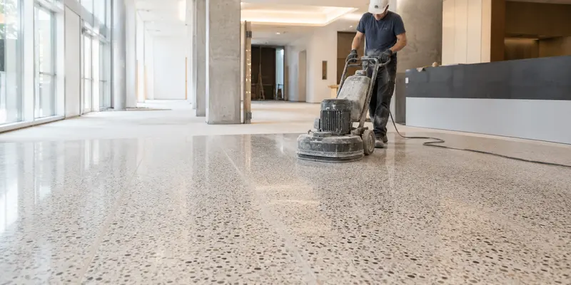 Traditional cement terrazzo flooring being ground and polished in a commercial interior