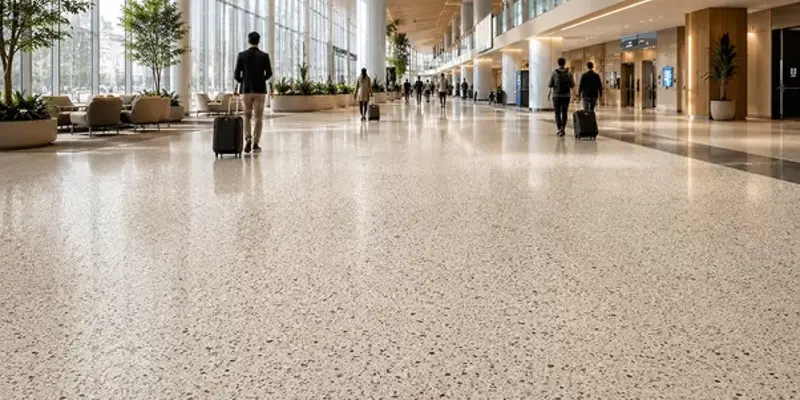 Polymer terrazzo floor coating used in a high-traffic commercial public space