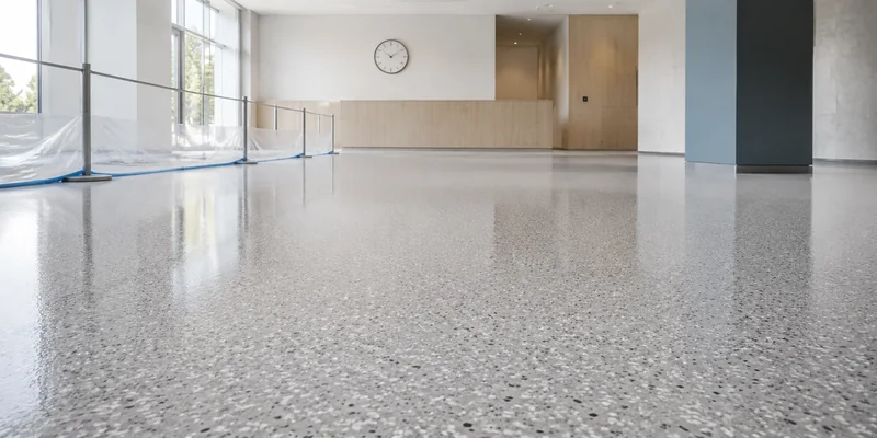 Polymer terrazzo floor coating protected during epoxy floor curing time Polymer terrazzo floor coating protected during epoxy floor curing time