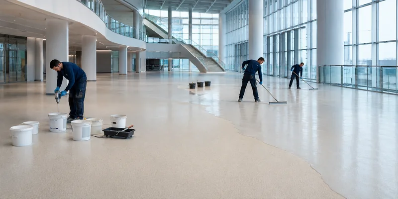Large-area seamless flooring system installation with a controlled wet edge