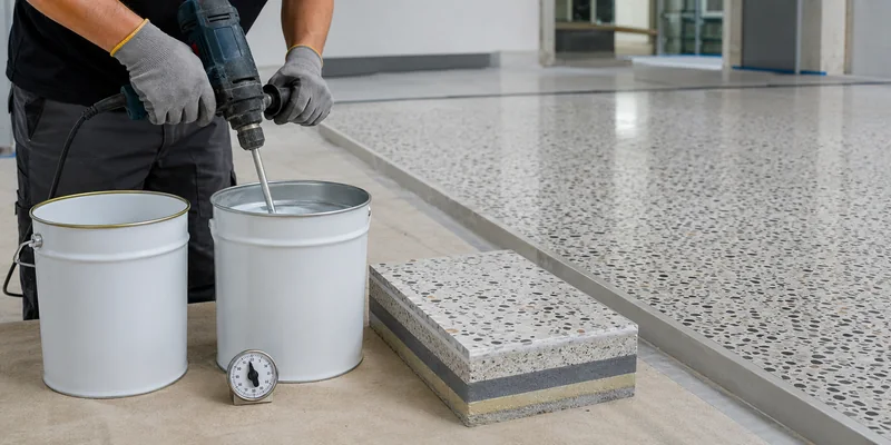 Epoxy floor coating pot life mixing and polymer terrazzo intercoat preparation Epoxy floor coating pot life mixing and polymer terrazzo intercoat preparation