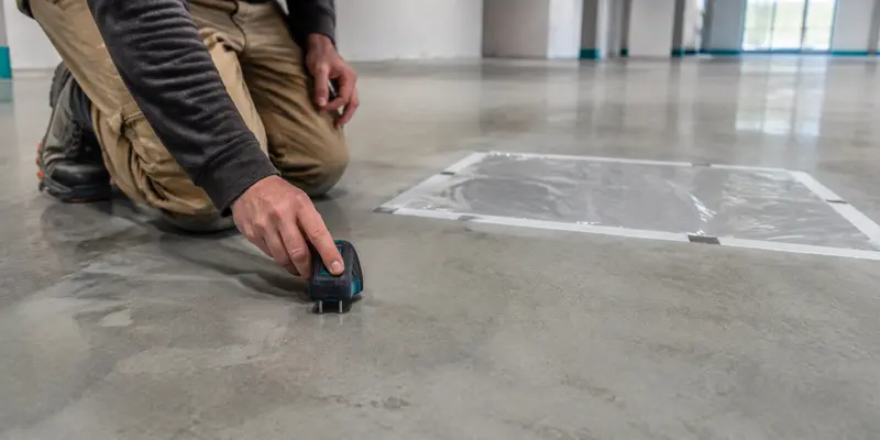 Technician checking epoxy floor substrate moisture with a meter and plastic sheet test