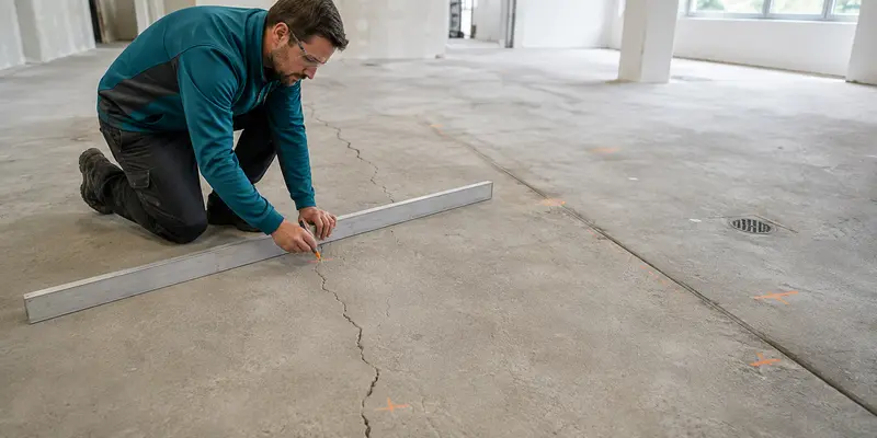 Inspecting cracks joints and flatness before installing resin flooring over concrete