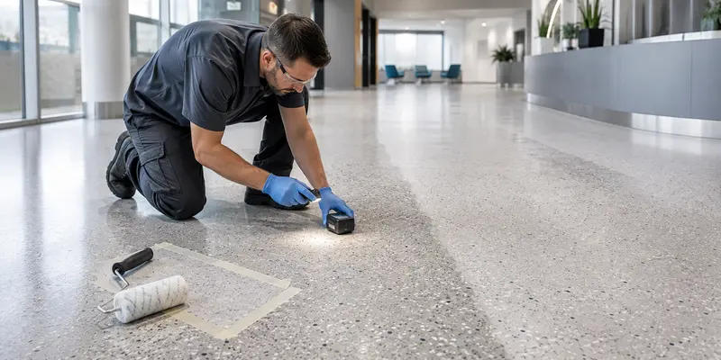 Technician inspecting polymer terrazzo floor coating before topcoat renewal