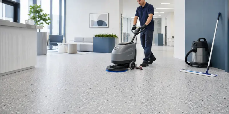 Cleaning polymer terrazzo flooring with a compact automatic scrubber
