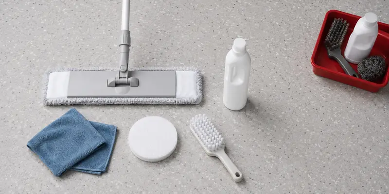 Safe epoxy floor care tools with abrasive cleaning products kept separate