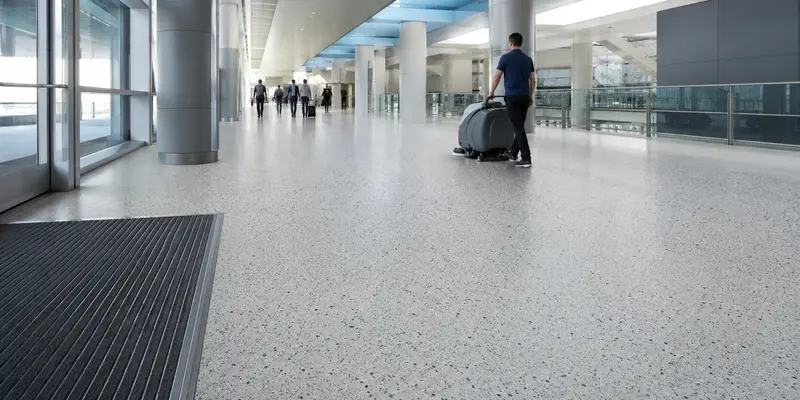 High traffic resin flooring cleaned in a public building concourse