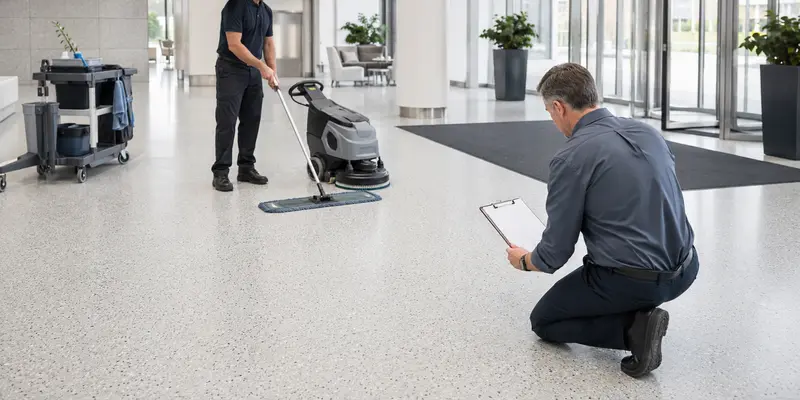 Facility team following a resin floor maintenance and inspection schedule