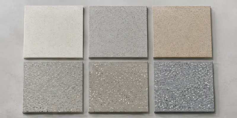 Polymer terrazzo floor coating samples with different texture levels