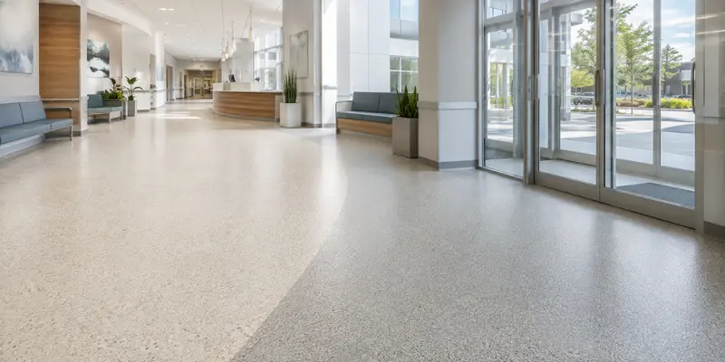 Hygienic resin flooring with zoned textures in a public building entrance