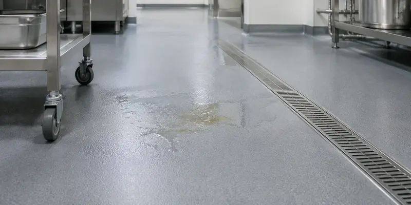 Commercial non-slip epoxy floor coating exposed to water and oil near a drain