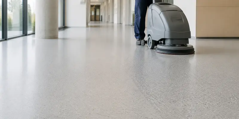 Commercial floor scrubber cleaning a fine-textured epoxy resin floor