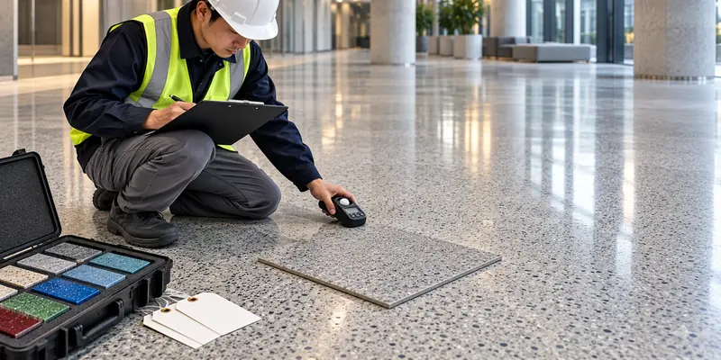 Inspector recording floor coating color matching and project acceptance details