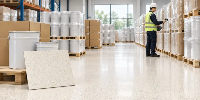 Resin flooring supplier export packaging and pallet inspection in a clean warehouse