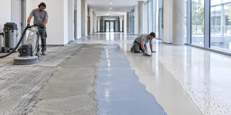 High-traffic flooring installation showing substrate preparation and resin system layers
