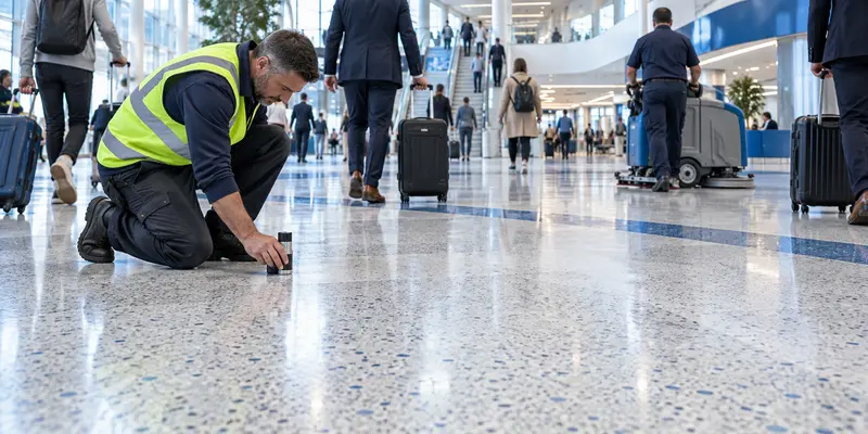 High-traffic flooring inspection under pedestrian, luggage trolley and cleaning-machine use