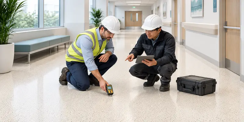 Epoxy flooring factory technical team assessing a finished polymer terrazzo floor
