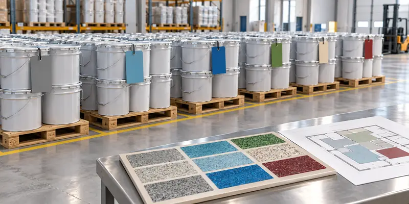 Resin flooring materials organized by production batch for batch color consistency