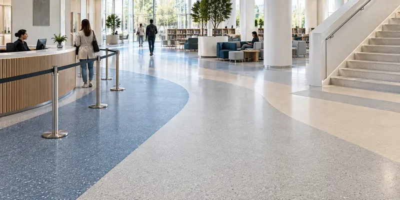 Durable public space floor using blue, grey and beige wayfinding zones