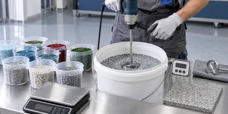 Installer using standardized mechanical mixing for floor coating color matching