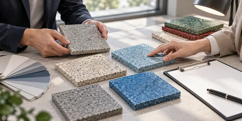 Cured polymer terrazzo samples reviewed during flooring sample approval