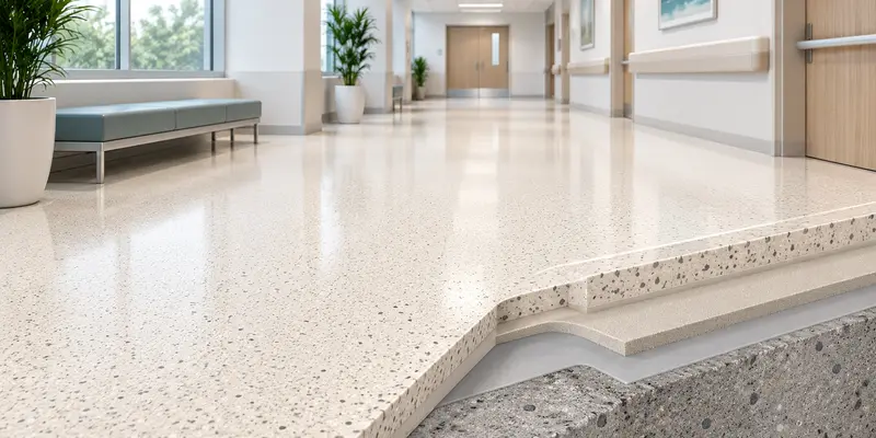 Complete resin flooring system with substrate, primer, body coat, decorative layer and topcoat