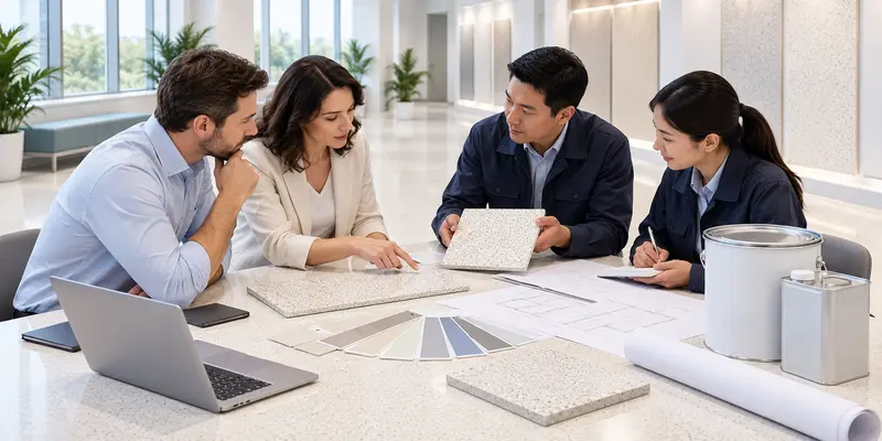 Buyer and manufacturer reviewing OEM floor coating samples, packaging and project plans