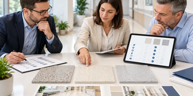 Buyer team comparing supplier samples with a polymer terrazzo manufacturer scorecard