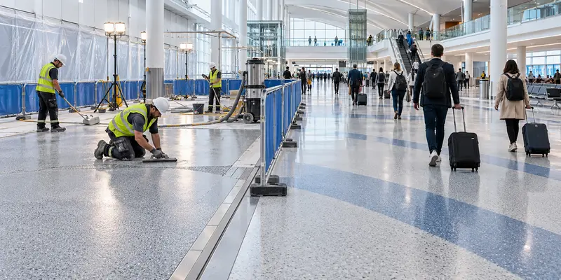 Transport hub flooring installed in phases beside an open passenger route