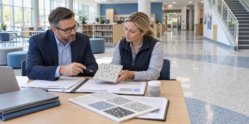 School flooring sample and project documents reviewed by facilities specialists