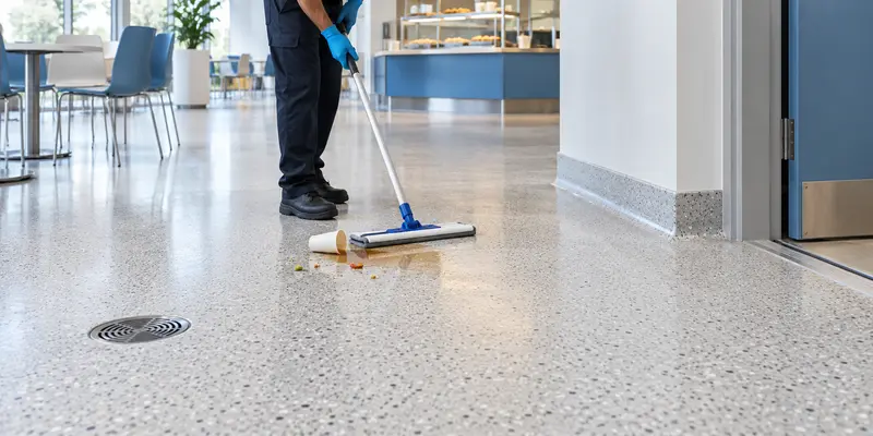 Durable public space floor being cleaned after a cafeteria spill