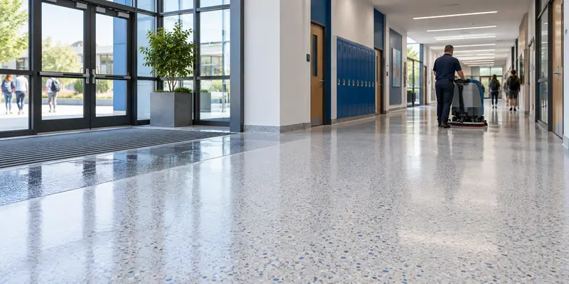 School flooring with a wet entrance zone and scrubber-dryer cleaning route