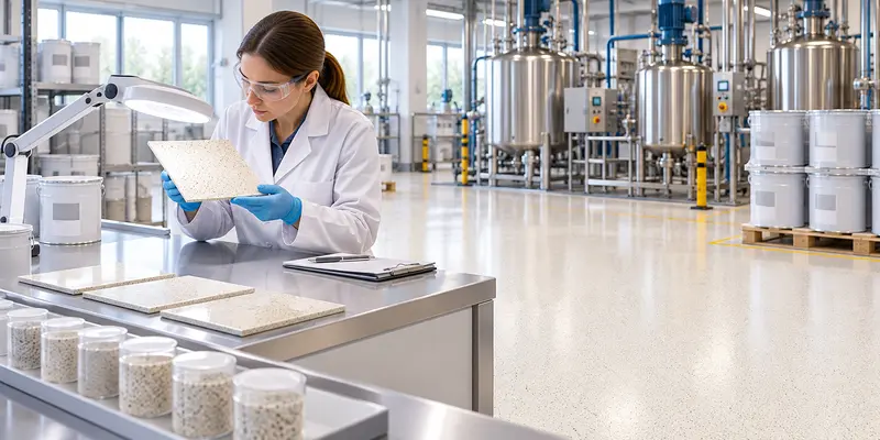 Epoxy flooring factory quality-control technician inspecting polymer terrazzo production samples