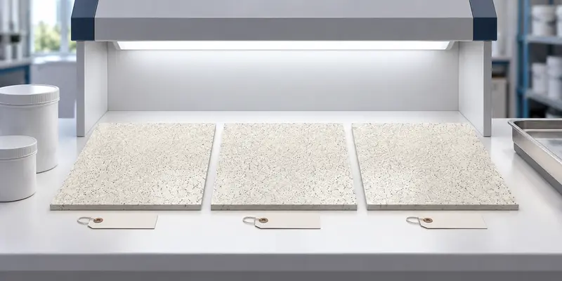 Three OEM floor coating samples compared under controlled light for batch consistency
