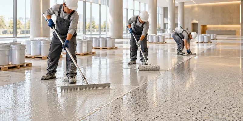 Crew maintaining batch color consistency during large-area resin flooring application