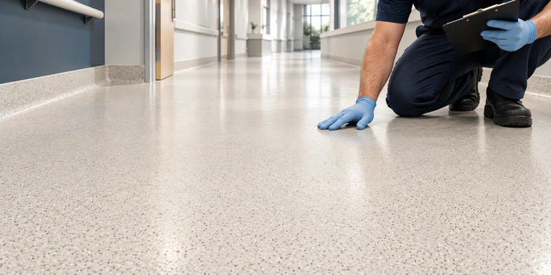 Illustrative inspection of fine-aggregate resin flooring beside a coved wall base.