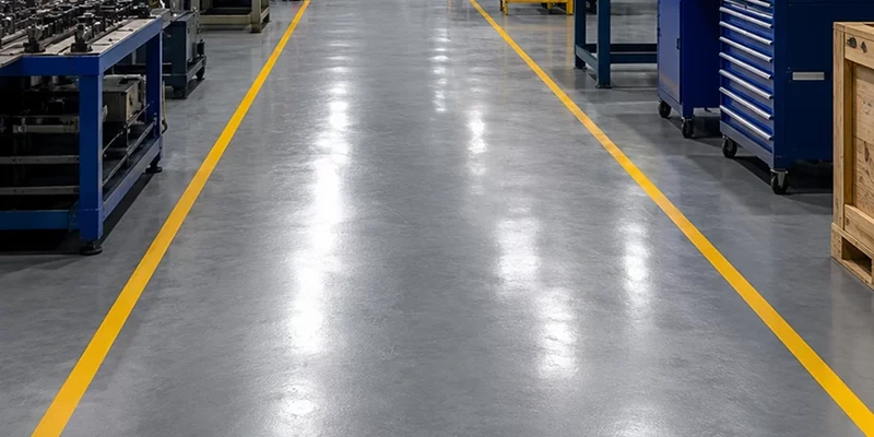 Resin-coated industrial aisle with yellow route markings and a clean grey surface.