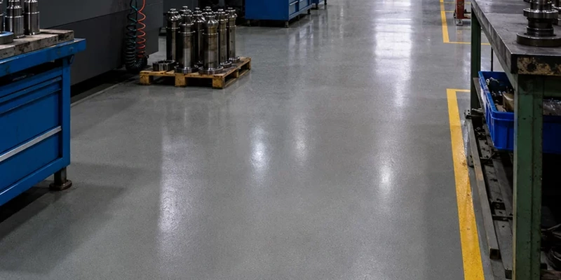 Grey resin floor coating around industrial workshop equipment and handling routes.