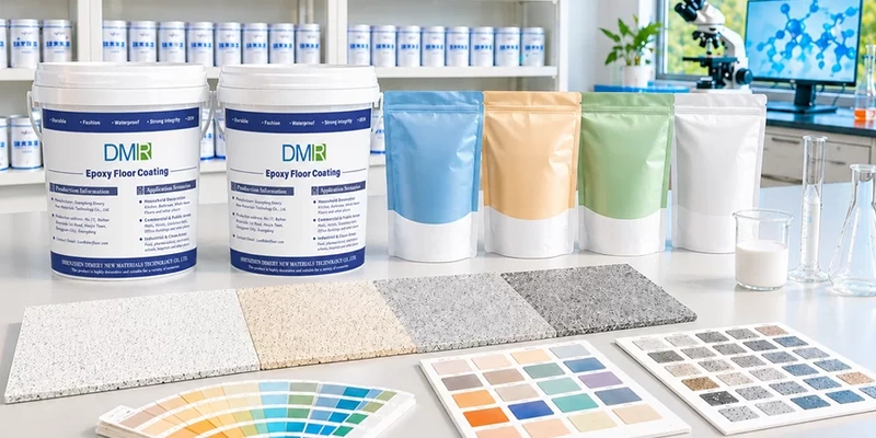 DIMERY floor coating materials, cured samples and color cards for project specification.