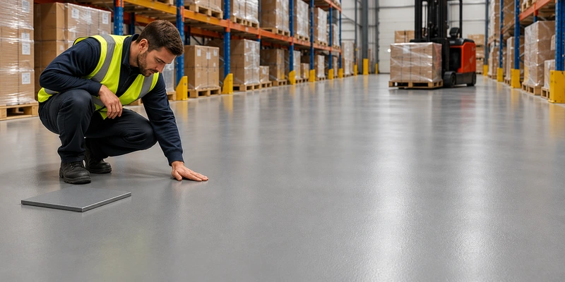 Illustrative warehouse floor review with a cured grey sample beside the resin surface.