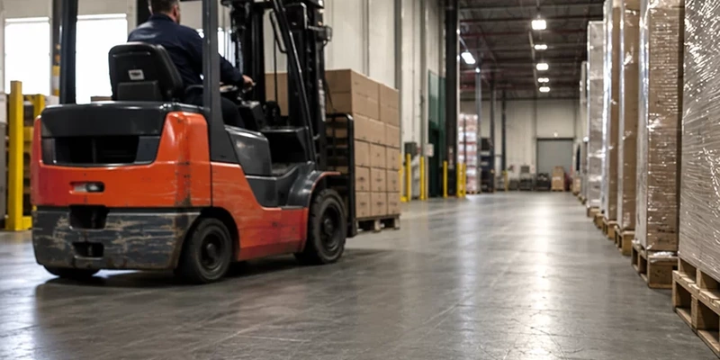 Forklift on a grey resin-coated warehouse aisle between storage racks.