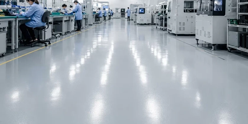 Continuous grey resin flooring surface in an industrial production area.