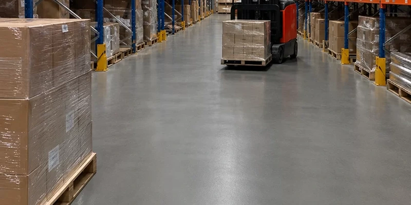 Warehouse floor coating surface exposed to loaded pallet truck traffic.