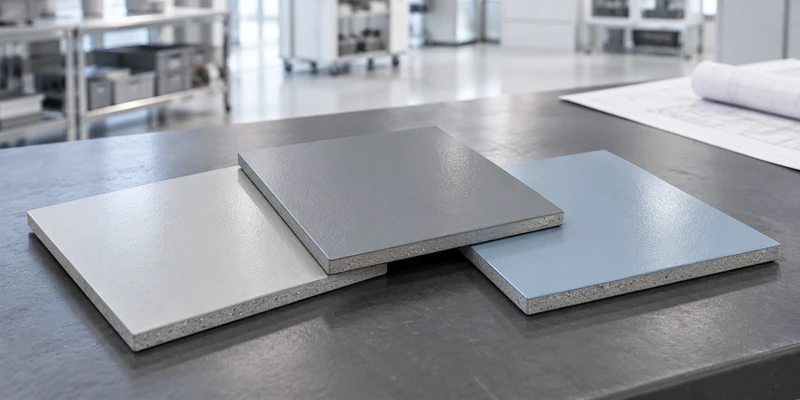 Illustrative gray and pale-blue resin flooring samples on a materials worktable.