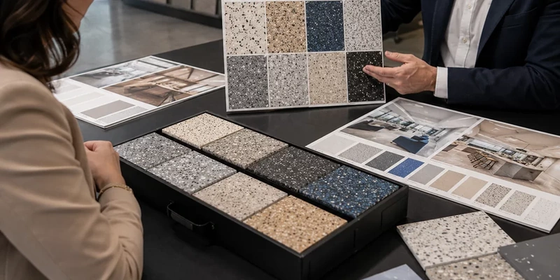 Flooring sample boards and finish options discussed during a project enquiry.