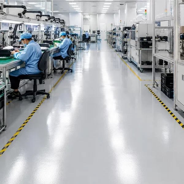 Gray resin floor between electronics assembly benches and production equipment.
