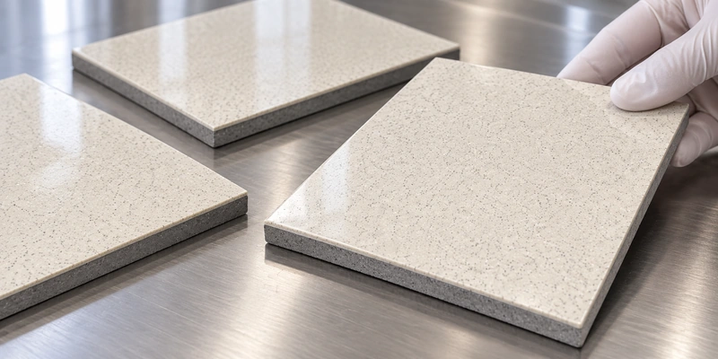 Illustrative review of fine-grained cured resin coating samples on grey backing panels.